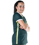Person wearing a green sports outfit with visible branding on a white background