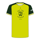 Yellow and green t-shirt with branding on a white background