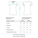 Women's t-shirt size chart with front and back measurements on a white background